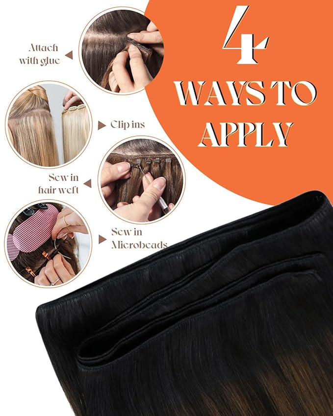 Sunny Hair 24inch Sew in Hair Extensions Real Human Hair Ombre Sew in Weft Hair Extensions Human Hair Black Roots to Brown Mix Light Blonde Weft Extensions Human Hair Double Weft 100g