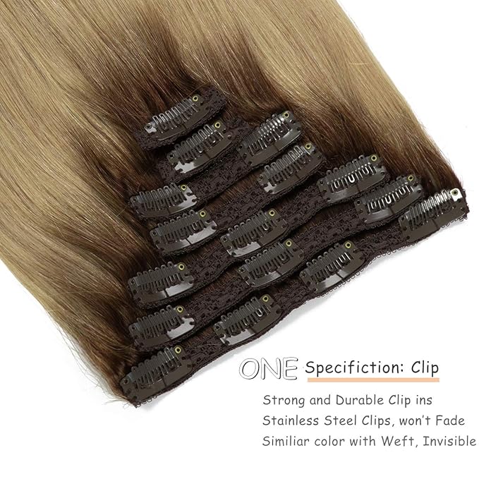 Caliee Clip in Hair Extensions Real Human Hair Color R4-18 Chocolate Brown Fading to Dirty Blonde Hair Extensions Clip in Human Hair Straight Thick Natural 16 Inch 120 Gram