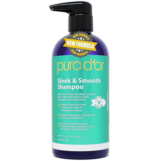 PURA D'OR Sleek & Smooth Shampoo (16oz) Soothing and Strengthening Formula with Organic Aloe Vera, Argan, Castor, Bergamot & Geranium