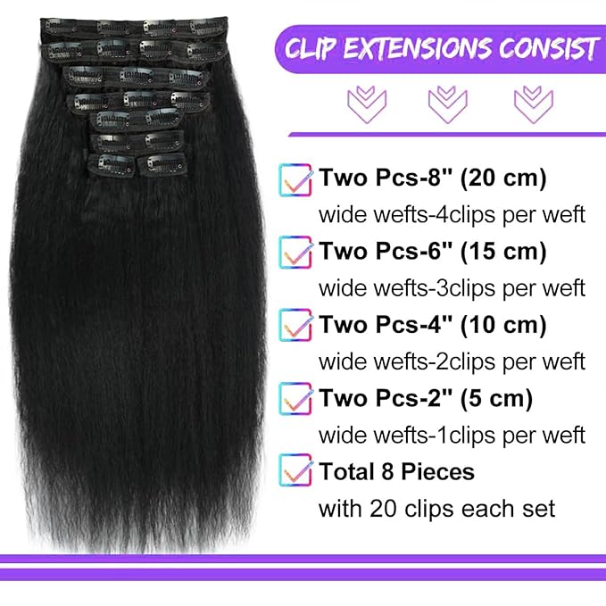 Kinky Straight Clip in Hair Extensions 22 Inch Human Hair Yaki Straight Clip ins Seamless Remy Human Hair Clip in Extensions for Women Natural Black 8Pcs 100g 20 Clips