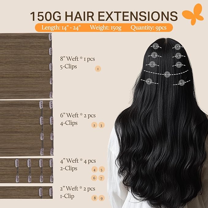 DOORES Hair Extensions Clip in Human Hair, Light Ash Brown 9pcs 150g 18 Inch, Remy Straight Real Hair Extensions Clip in Thick Natural Weft