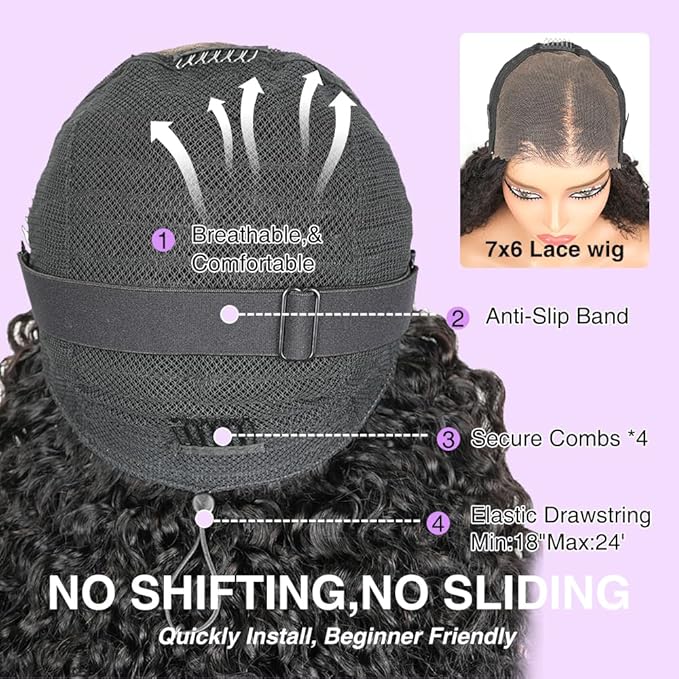 7x6 Burmese Curly Glueless Wigs Human Hair Pre Plucked Pre Cut 250% Density Drawstring Wig Human Hair 7x6 HD Lace Front Wigs Human Hair for Black Women Wear and Go Glueless Wig Natural Color 20inch