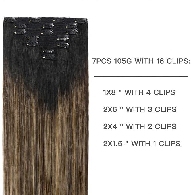 Balayage Clip-in Hair Extensions - Natural Black to Chocolate Brown Mix, Caramel Blonde - Real Human Hair Ombre - Clip Ins for Women - 14 inch, 7pcs, 105g