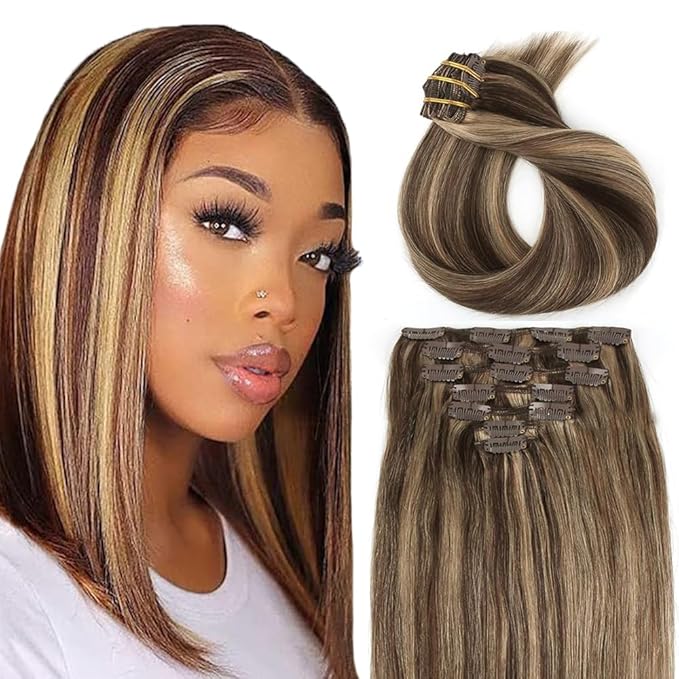 28 Inch P4/27 Blonde Clip in Hair Extensions - Real Remy Human Hair, 120g 7pcs, Highlight Blonde Human Hair Extensions Clip ins for Women