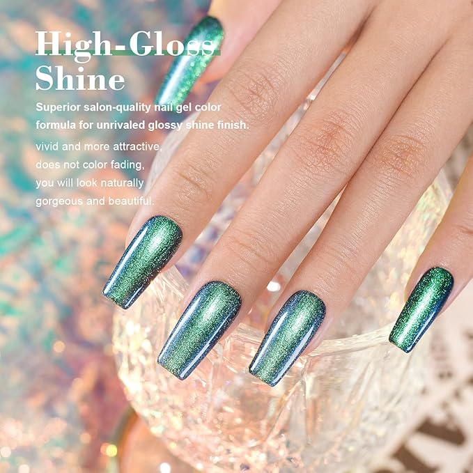 RARJSM Chameleon Glitter Gel Nail Polish Blue to Green Color Changing Pigments Gel Polish 15ML Multichrome Holographic Sparkle Shimmer Nail Gel Varnish Soak Off Curing Requires DIY at Home Salon