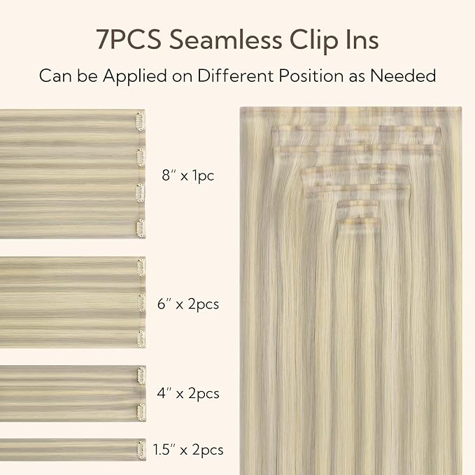HOTBANANA Seamless Clip in Hair Extensions, 16 Inch 110g 7pcs Ash Blonde Highlighted Platinum Blonde Invisible PU Skin Weft Straight Remy Human Hair Extensions