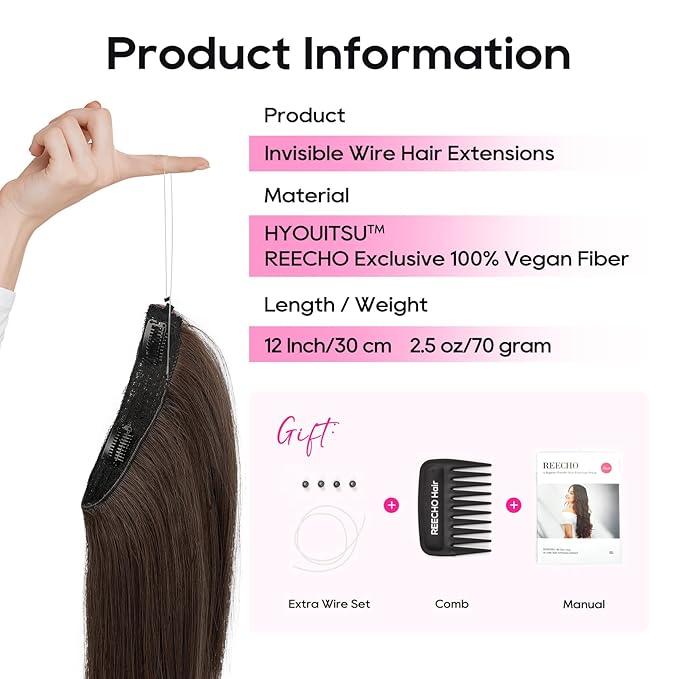 REECHO 12" Invisible Wire Hair Extensions with Thinner Softer Lace Weft Adjustable Size Removable Secure Clips in Short Straight Secret Hairpiece for Women - Chocolate Brown