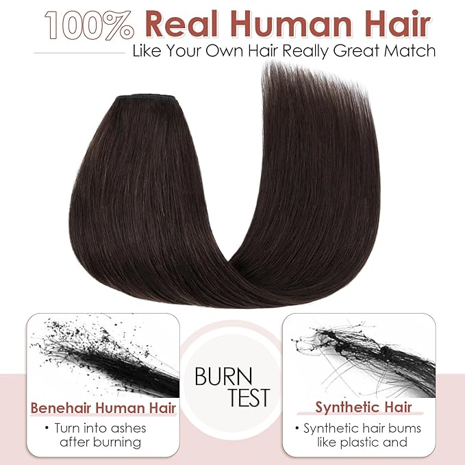 Benehair One Piece Clip in Hair Extensions Real Human Hair 3/4 Full Head V Shaped Weft Thicker Hair Lace Net One Piece Hair Extensions with 5 Clips (12"-55g #2 Dark Brown)
