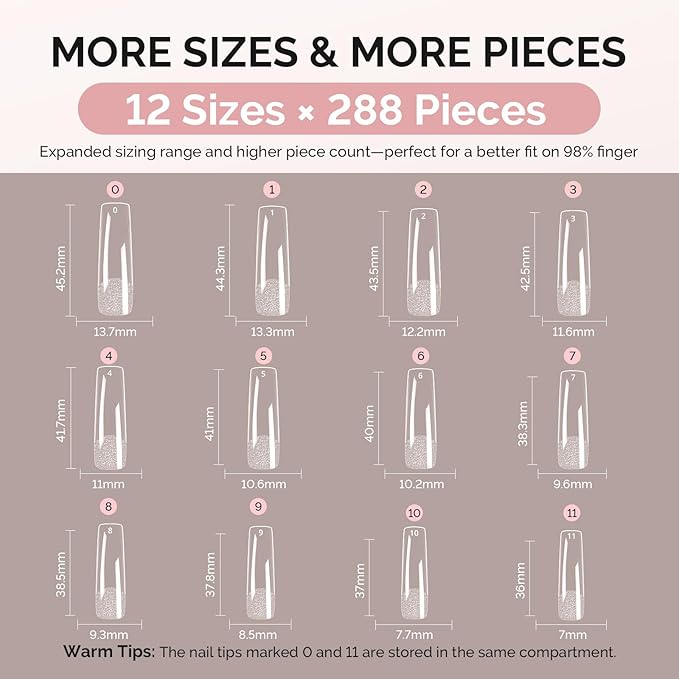 MelodySusie Long Square X Nail Tips - 288Pcs 12Sizes Clear Acrylic, Half Matte Full Cover Press on Nails for DIY Extension & Salon Use, Pre-Shaped for Long-Lasting Manicure
