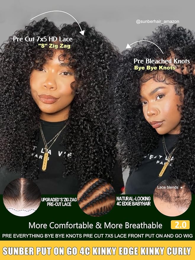 Sunber 4C Kinky Curly Bye Bye Knots Pre Cut Lace 7x5 Lace Front Glueless Curly Put On Go 3S Wear Afro Curly Human Hair Wig Pre Bleached Invisible Knots 150% Density Pre Plucked with Baby Hair 16Inch