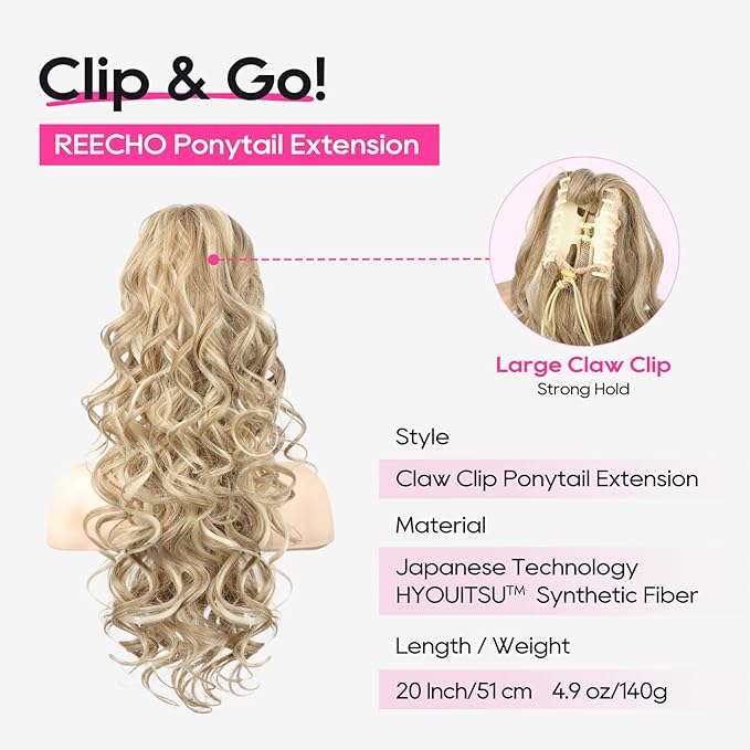 REECHO Ponytail Extension, 24" Claw Clip in Ponytail Extensions Long Curly Wavy Jaw Clip on Pony Tails Hairpiece for Women, Honey Blonde with Highlights