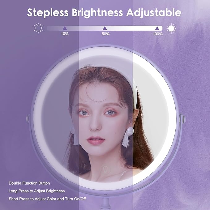 Lighted Makeup Mirror, 3000 mAh Rechargeable Double Sided Magnifying Vanity Mirror with 3 Colors, 1x/10x, 360° Rotation , Brightness Adjustable Magnification Cosmetic Light up Mirror, Women Gift