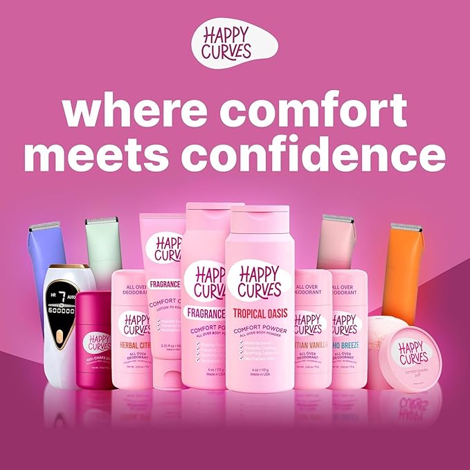 HAPPY CURVES Comfort Powder: Talc Free Anti Chafe Body & Foot Dusting Powder Deodorant for Inner Thigh Chafing, Private Areas, and All Over Body for Women (4 Ounce (Pack of 1), Tahitian Vanilla)