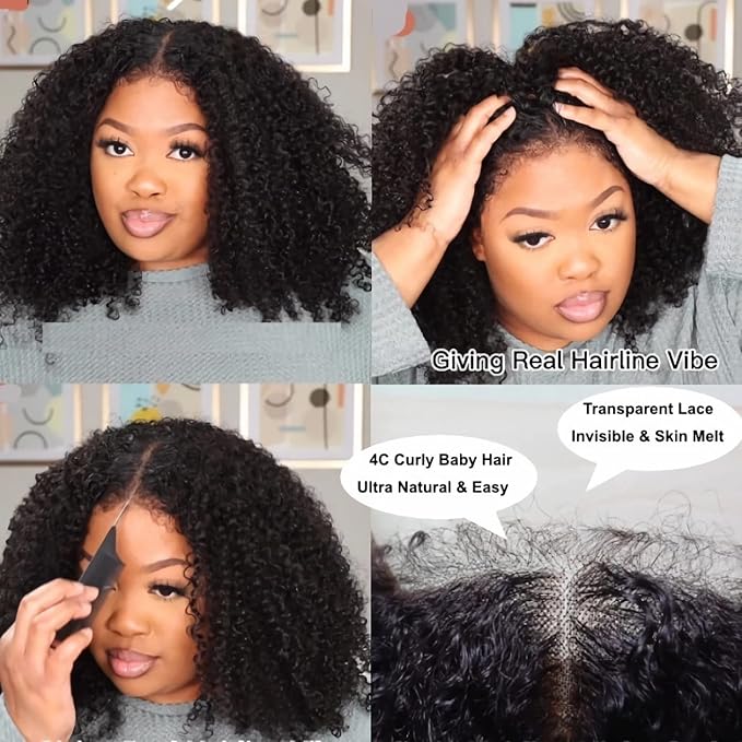 Julia Hair Bye Bye Knots Curly 4C Baby Hairs Lace Human Wig with Kinky Edges Hairline 7x5 Invisible Knots Pre Cut HD Lace Front Glueless Wig Pre Bleached Pre Plucked for Beginners 150% Density 20 Inch