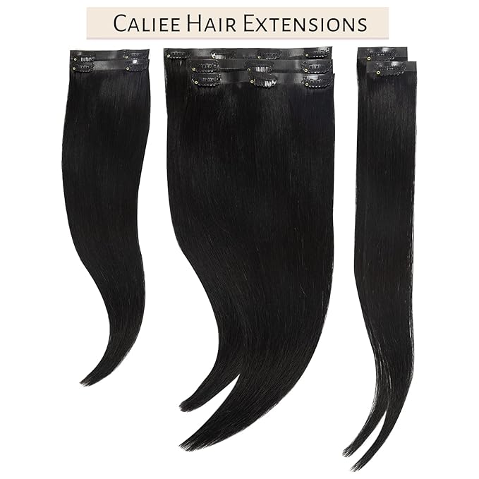 Caliee Seamless Clip in Hair Extensions Remy Human Hair 7Pcs Silky Straight 20Inch 110G 100% Virgin Human Hair Thick PU Weft Natural Hair Extensions Color 1 Jet Black Clip in Extensions for Women