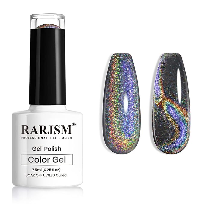 RARJSM Cat Eye Gel Nail Polish, Galaxy Chameleon Magnetic Gelpolish Black Holographic Glitter Gel Soak Off UV LED DIY Manicure Art for Salon Designs and Home DIY 7.5ML/0.26fl oz