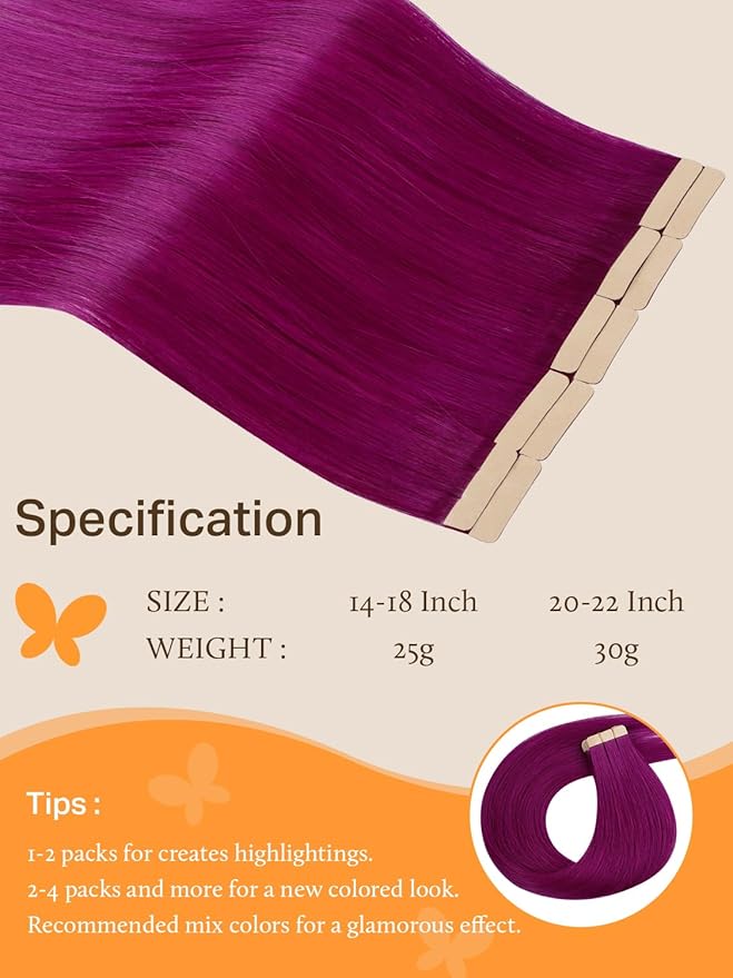 DOORES Tape in Human Hair Extensions - Violet 18 Inch 25g 10pcs, Remy Straight Skin Weft Double Side Tape