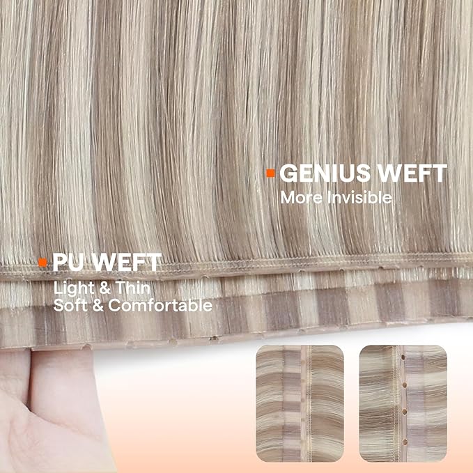Full Shine Butterfly Weft Hair Extensions Human Hair Color P18/613 Ash Blonde Highlight Bleach Blonde Double Side Genius Weft Extensions Pu Hle Weft For Women 100 Grams 18 Inch