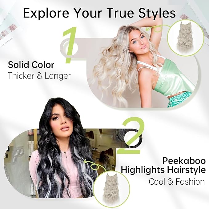 KooKaStyle Invisible Wire Hair Extensions with Transparent Wire Adjustable Size 4 Secure Clips Long Wavy Secret Hairpiece 20 Inch Platinum Blonde for Women