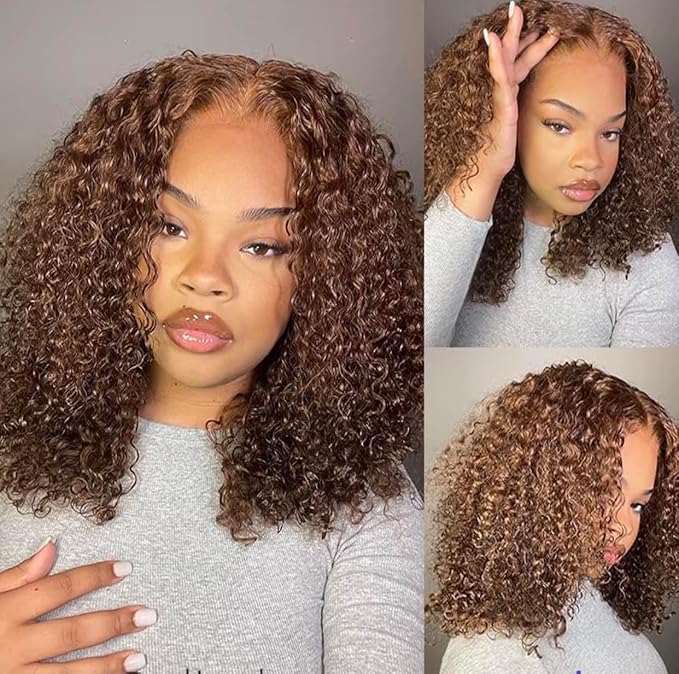 13x4 Chocolate Brown Lace Front Wigs Human Hair 12 Inch HD 4# Colored Kinky Curly Bob Dark Brown Wig Human Hair Pre Plucked for Black Women 150% Density