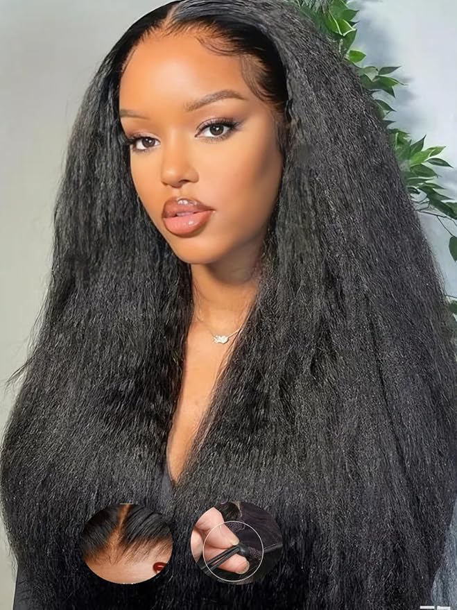 Julia Hair 13x4 HD Real Scalp™ Wig Invisible Pre Everything Lace Frontal Kinky Straight Wig Glueless With Invisi Drawstring Pre Plucked Pre Cut Natural Black Wigs for Women Put On and Go 24 Inch