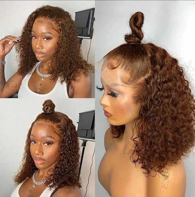 13x4 Chocolate Brown Lace Front Wigs Human Hair 12 Inch HD 4# Colored Kinky Curly Bob Dark Brown Wig Human Hair Pre Plucked for Black Women 150% Density