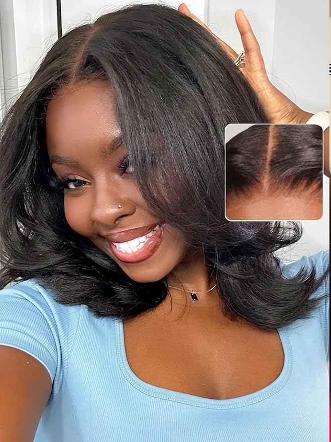 Julia Hair 10 Inch Yaki Straight Drawstring Wigs Human Hair Put On and Go Glueless Bob Wig 7x5 Bye Bye Knots Pre Plucked Pre-Cut Lace Closure Wig Beginner Friendly Black Short Yaki Bob Bleached Knots