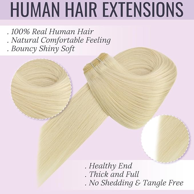 Fshine Hand Tied Weft Hair Extensions Human Hair Blonde Fshine Sew in Wefts Platinum Blonde Genius Weft Human Hair Extensions for Women Real Human Hair 16 Inch 100g