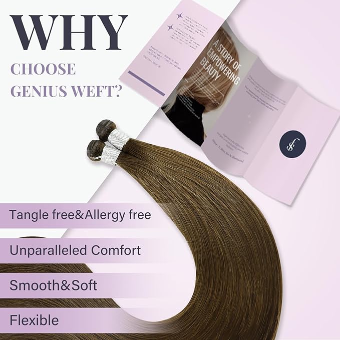 Fshine Human Hair Genius Weft Hair Extensions for Women 22 Inch 60g Light Brown Hair Extensions Sew in Brown Hair Bundle One PieceBundle Natural Weave