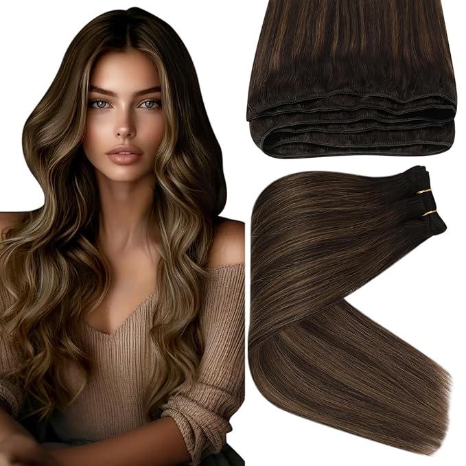 Sunny Hair Sew in Hair Extensions Real Human Hair Brown Balayage Weft Hair Extensions Human Hair Dark Brown Balayage Light Brown Human Hair Weft Extensions All Day Wear 16inch 100g