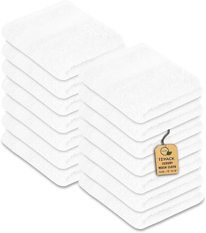 Premium Wash Cloths Pack of 12 (13" x 13") 100% Ring Spun Cotton | Luxury Washcloths | Ultra Soft Face Towels | Highly Absorbent Wash Cloths for face (White)