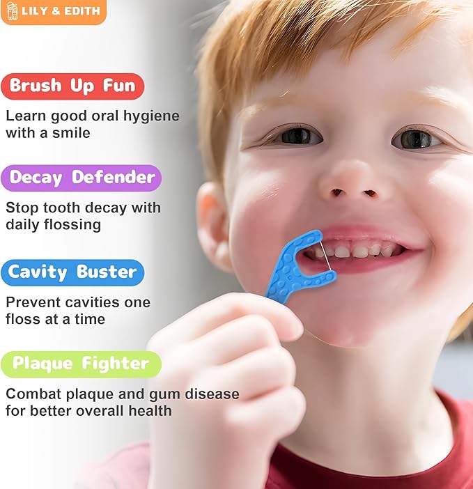 LILY & EDITH Kids Plant Based Dental Floss Picks 200 Counts, Fluoride Free, Corn Starch Material, Chemical Free, Fun Animal Flossing Sticks, Ultra Sturdy Thread, Zero Waste Package (Strawberry)