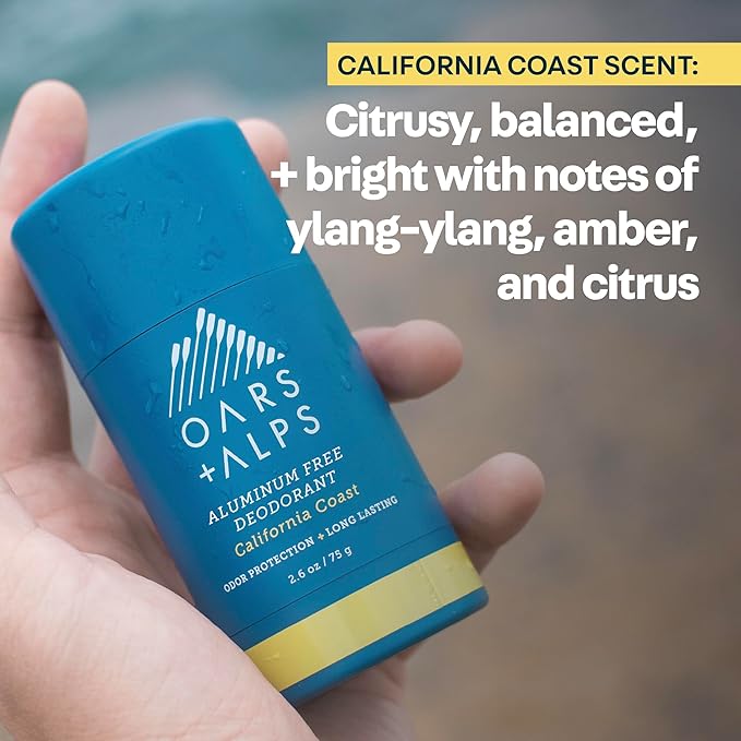 Oars + Alps Deodorant for Men & Women, Aluminum Free Deodorant for Men, Dermatologist Tested, Clean Ingredients, Non Toxic, Vegan, Long Lasting, Odor Protection, California Coast, 1pk, 2.6oz
