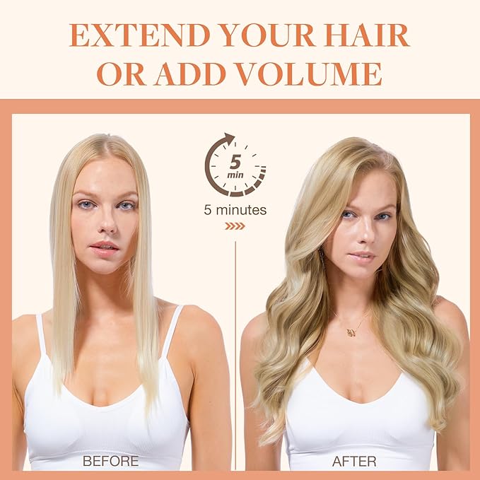 GOO GOO Invisi Edge Clip in Hair Extensions Set, 18inch 140g, 4pcs Injected Seamless PU Clip ins and 3pcs Classical PU Clip ins, Virgin Real Human Hair, #P18A/613A
