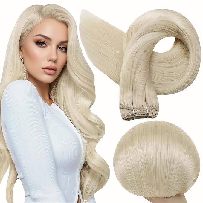 Full Shine Weft Hair Extensions Color Platinum Blonde Hair Extensions Sew In Human Hair For Women 20 Inch Double Weft Extensions Remy Hair For Thin Hair Sew In Extensions