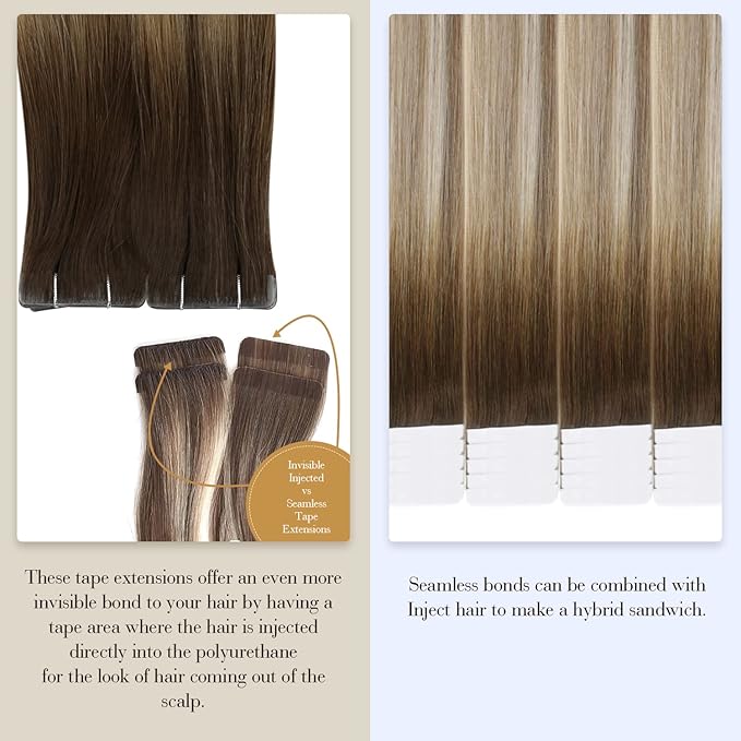 Full Shine Virgin Tape in Hair Extensions Injection Tape ins Extensions Color 3/8/22 Balayage Tape ins Human Hair 20Inch Seamless Invisible Hair Extensions 12.5Gram Straight Real Human Hair 5Pcs