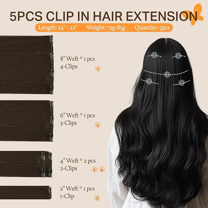 DOORES Human Hair Extensions Clip in, 5pcs 85g Dark Brown 22 Inch Clip in Hair Extensions Natural Remy Hair Extensions