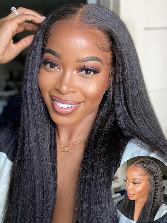 Julia Hair V Part Human Hair Wig Kinky Straight for Women Glueless Wigs Brazilian Virgin Human Hair Wigs Upgrade Upart Wig No Leave Out No Glue No Sew Natural Black Beginner Friendly 24 Inch