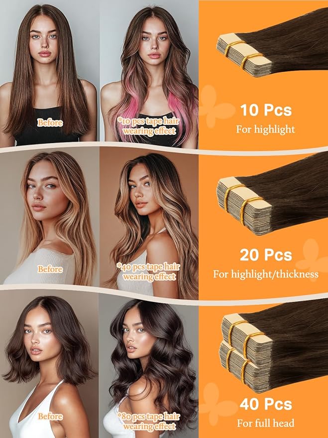 DOORES Human Hair Extensions Tape in Hair, Chocolate Brown to Caramel Blonde 12 Inch 20g 10pcs, Tape in Hair Extensions Real Human Hair Straight Remy Hair Skin Weft