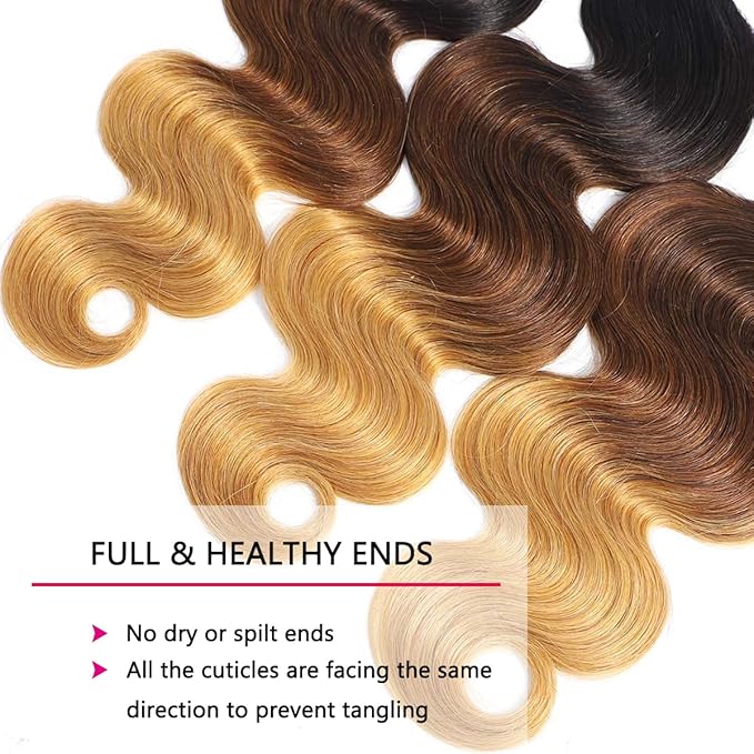 Ombre Body Wave Human Hair Bundles (24 26 28 Inch) 12A Grade Brazilian Virgin Remy 100% Human Hair Extensions 3 Tone 1b/4/27 Color Bundles