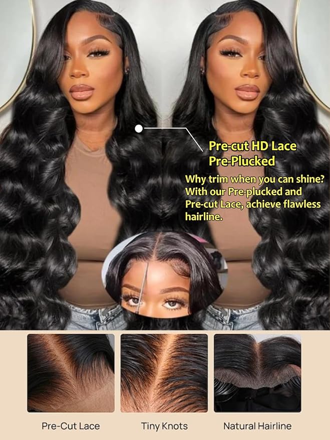 Sunber Body Wave Human Hair Lace Frontal Glueless Wig 13x4 Pre Everything Pre Cut Lace Front Drawstring Wig Bye Bye Knots Pre Plucked with Baby Hair 150% Density 18Inch Pull Go Wigs