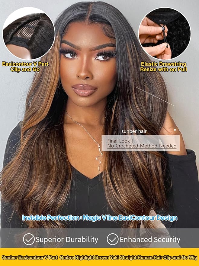 Sunber Ombre Brown Highlight Yaki Straight V Part Human Hair Drawstring Glueless Wig No Leave Out Vpart Balayage yaki straight Clip In Half Wigs No Leave Out Real Scalp V Shape 22Inch