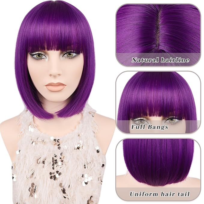 MAYSA Purple Bob Wig with Bangs for Women Short Straight Bob Wigs 12in Synthetic Cosplay Daily Party Colorful Neon Wigs # Dark Purple