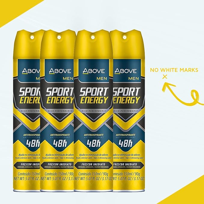 ABOVE Sport Energy - 48 Hours Antiperspirant Deodorant for Men - Woody, Floral Fragrance - Dry Spray Protects Against Sweat and Body Odor - Delivers Instant Freshness - Alcohol Free - 4 pc