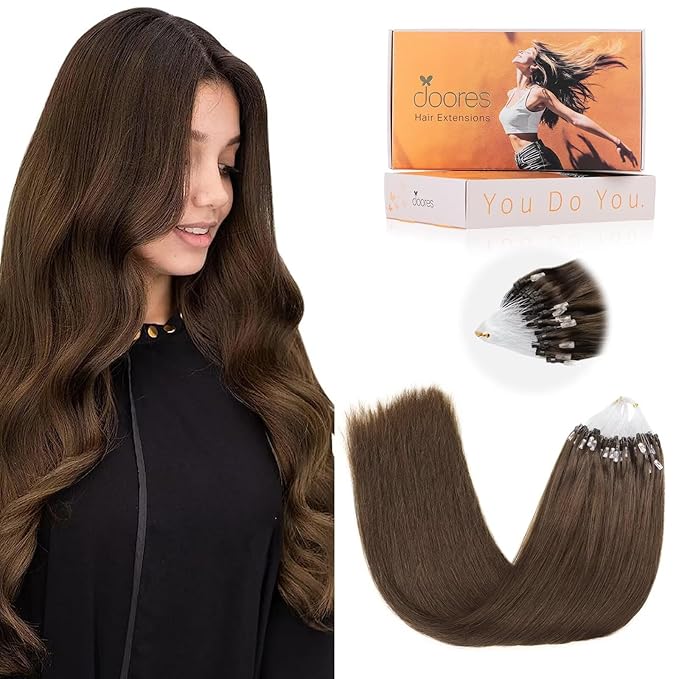 DOORES MicroBead Hair Extensions Real Human Hair, Chocolate Brown 16 Inch 50g/50s, Silky Straight Real Hair Extensions, Invisible Hair Extensions Human Hair