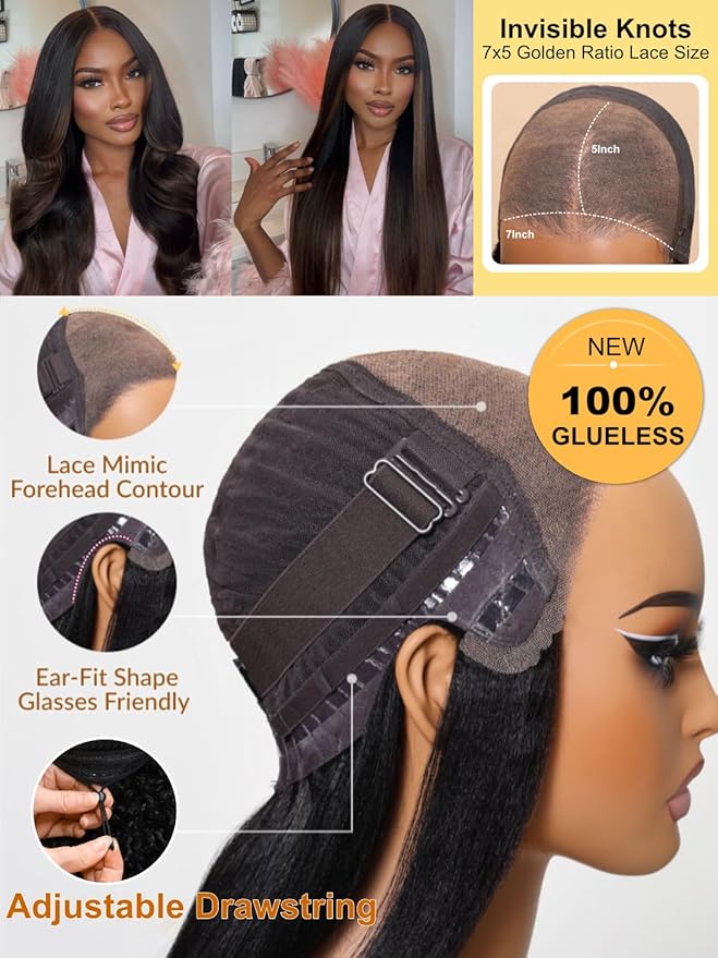 Sunber Yaki Straight Ombre Chestnut Human Hair Wigs with Drawstring Upgrade 3D Cap Put and Go Bye Bye Knots Pre Cut 7x5 HD Lace Front Glueless Yaki Wigs Pre Plucked Invisible Knots 3S Wear 18Inch