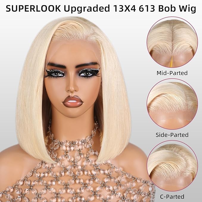 Blonde Bob Wig Human Hair 13X4 613 Bob Wig Transparent HD Lace Front Wig Human Hair Middle Part Straight Bob Wig Pre Plucked 210% Density with Baby Hair（12inch）