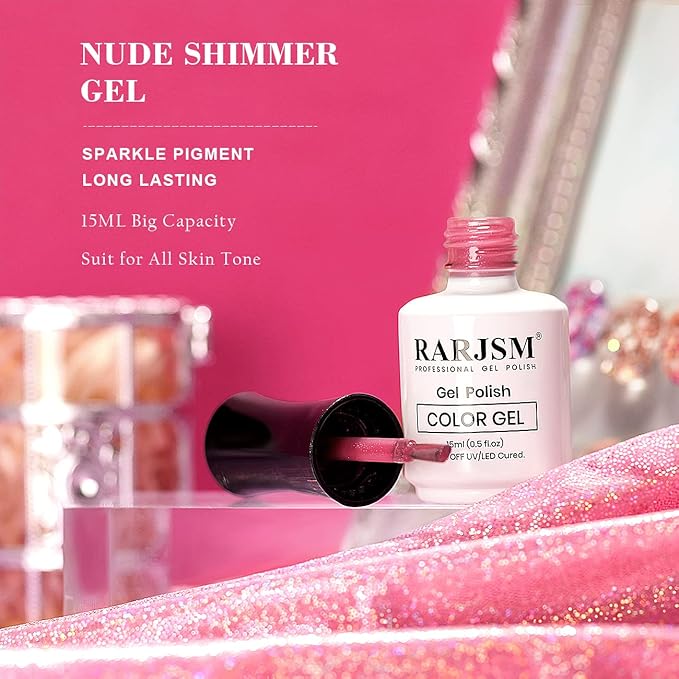 RARJSM Nude Shimmer Gel Nail Polish Purple Red Glitter Chunky Sparkle Holographic Rainbow Jelly Nuded Iridescent Gel Polish Mauve Pink Single Bottle Soak off UV LED Cured for Salon Home Manicure 15ML