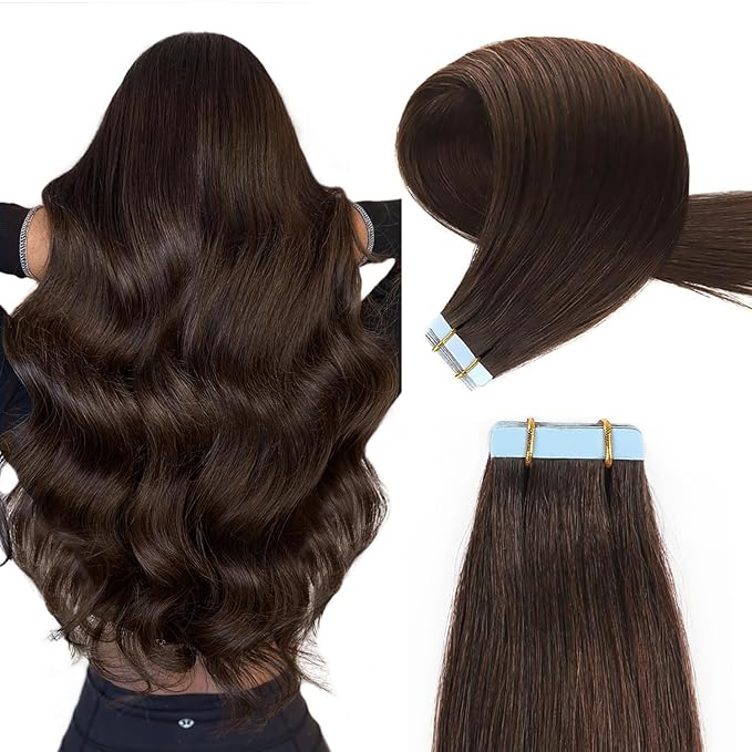 YILITE Tape in Extensions Human Hair Darkest Brown Silky Straight Seamless Skin Weft Tape in Hair Extensions 18 inch 50 Gram 20Pcs/Pack Tape in Remy Hair Extensions(18 inches #2 Darkest Brown)