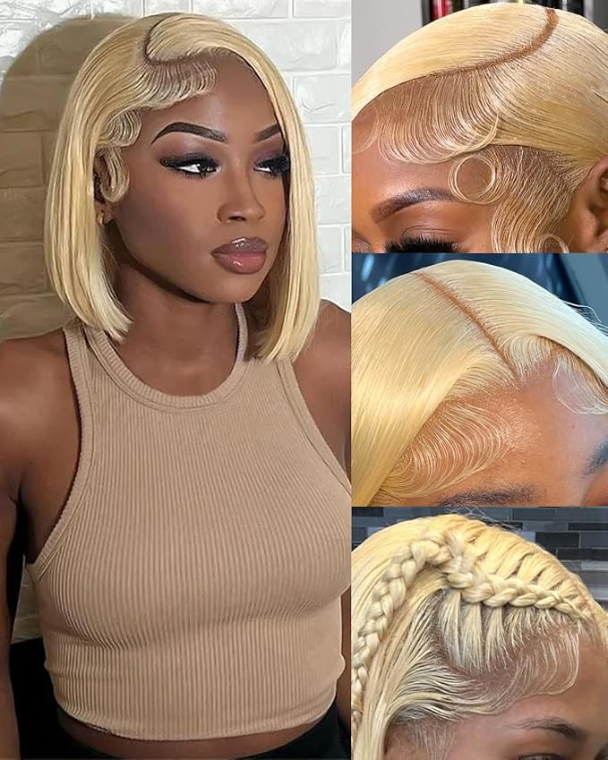 Alididi 613 Blonde Bob Wig Human Hair Straight 13x6 Transparent Lace Front Wigs Human Hair Pre Plucked Glueless Short Bob Wig human hair 180% Density 613 bob wigs for black women 12 Inch